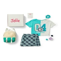 Justice Girls set Bo cadou din 4 piese cu tricou, fustă, geantă și accesorii pentru păr, dimensiuni 5-18