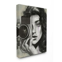 Stupell Industries portret al unei femei fotograf alb-negru desen pânză artă de perete de Ziwei Li