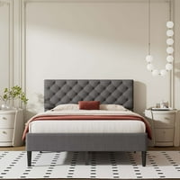 Pat tapițat modern Aukfa cu tăblie cu smocuri, lenjerie pat cu platformă de dimensiuni mari-Gri