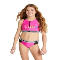 Justiție fete sport Zip Bikini cu logo accente costum de baie, dimensiuni 5-18