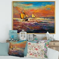 Designart 'Sailships Pe Valurile Oceanului În Timpul Orange Evening Glow' Nautical & Coastal Framed Canvas Wall Art Print