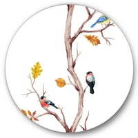 Designart 'păsări mici stând pe ramurile copacilor IV' cerc tradițional artă de perete din Metal-Disc de 11