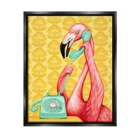 Stupell Industries Flamingo apelare Dial telefon Groovy flori tapet Arta Grafica Jet negru plutitoare înrămate panza imprimare arta de perete, Design de Amelie Legault