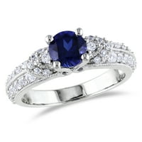 Miabella femei 1. Carat T. G. W. tăiat rotund a creat safir albastru și a creat inel de mireasă din argint Sterling safir alb
