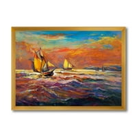 Naviga nave pe valurile oceanului în timpul Orange seara strălucire înrămate pictura panza arta de imprimare