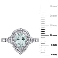 Miabella femei 1 carate Pear-Cut Aquamarine Carat Diamond 14kt Aur Alb dublu Halo inel