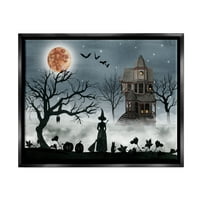 Stupell Industries Halloween vrăjitoare siluetă în luna plină bântuit casa scena Jet negru încadrată plutitoare panza arta de