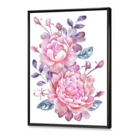 Designart 'Flori Retro Roz Cu Frunze Albastre Pe Alb' Imprimare Tradițională De Artă De Perete Din Pânză Încadrată