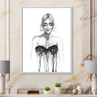 Designart 'portret alb-negru al femeii care poartă rochie de seară' Imprimeu modern de artă de perete din pânză încadrată