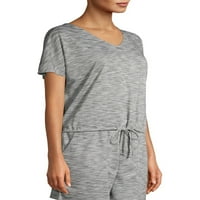 Como Blu femei Athleisure maneca scurta V-Neck cu cordon