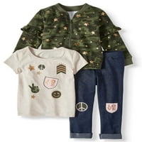 Jachetă Bomber cu detalii volane, tricou și pantaloni, Set de ținute din 3 piese