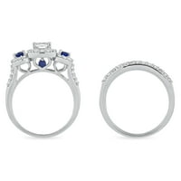 Brilliance Fine bijuterii Sterling Silver Simulat Diamant alb cu Creat Safir accent mireasa inel de logodna Set