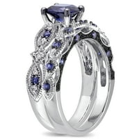 MIABELLA femei CT creat safir albastru și CT diamant inel de nunta Set în aur alb 10kt